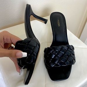 EXPRESS patent quilted black low heel mules